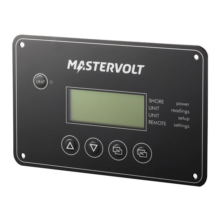 Mastervolt PowerCombi remote control panel for accessories, showing buttons and display for managing power systems.