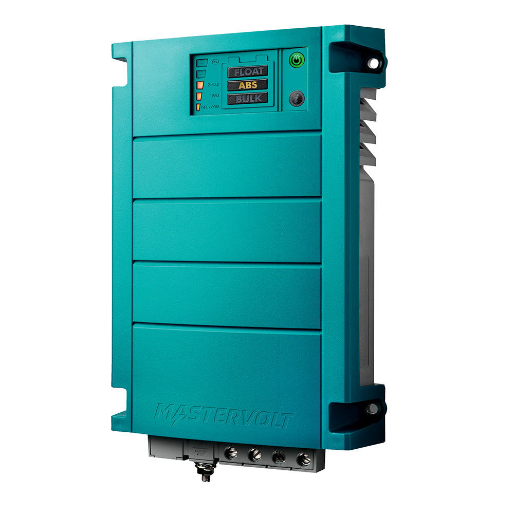 Mastervolt ChargeMaster 12 Amp 3-bank 24V battery charger with multiple charging ports and digital display in a compact unit.