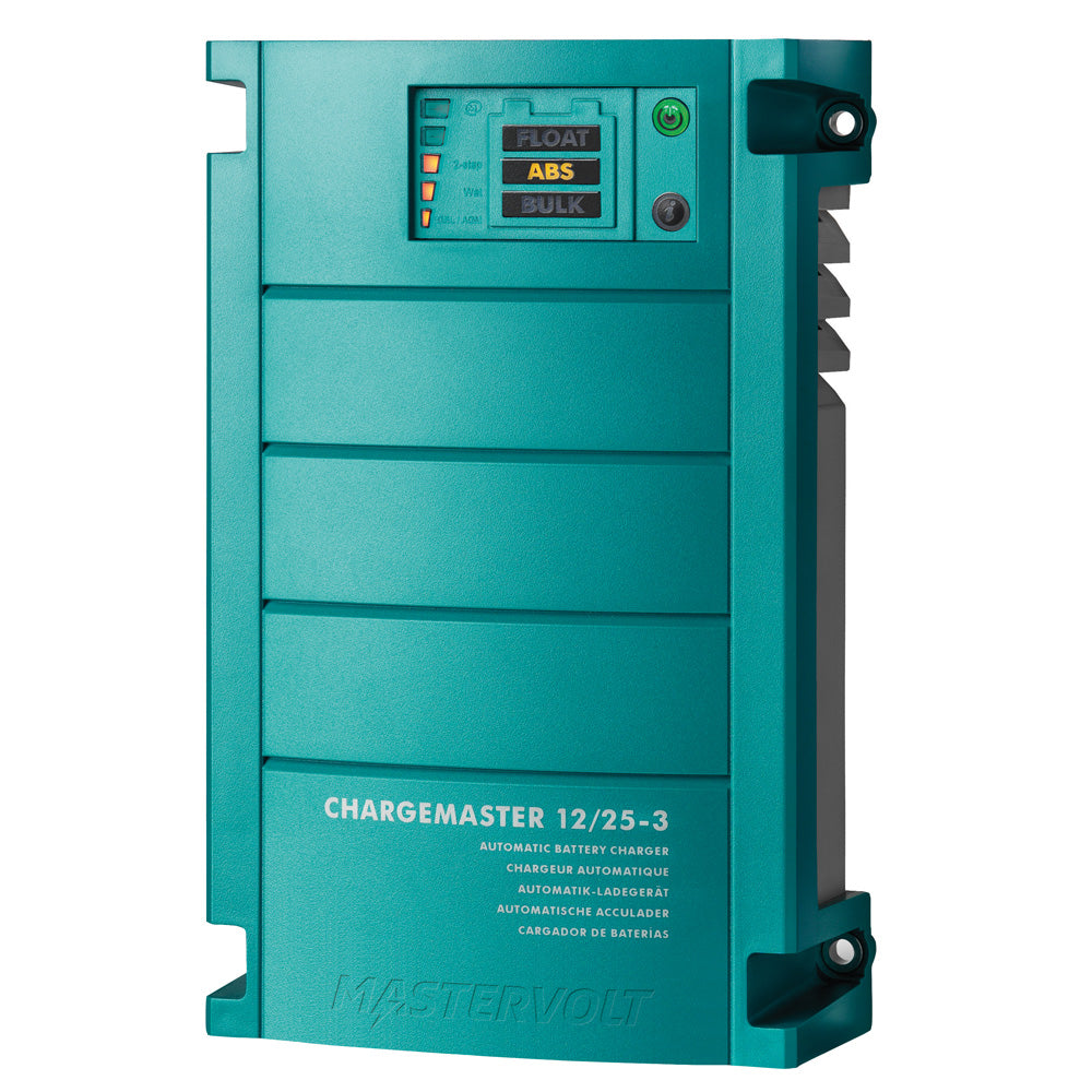 Mastervolt ChargeMaster 25 Amp 3-bank 12V battery charger with digital display and multiple charging ports.