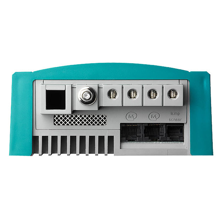 Mastervolt ChargeMaster 25 Amp 3-bank 12V battery charger showing controls and multiple connection ports.