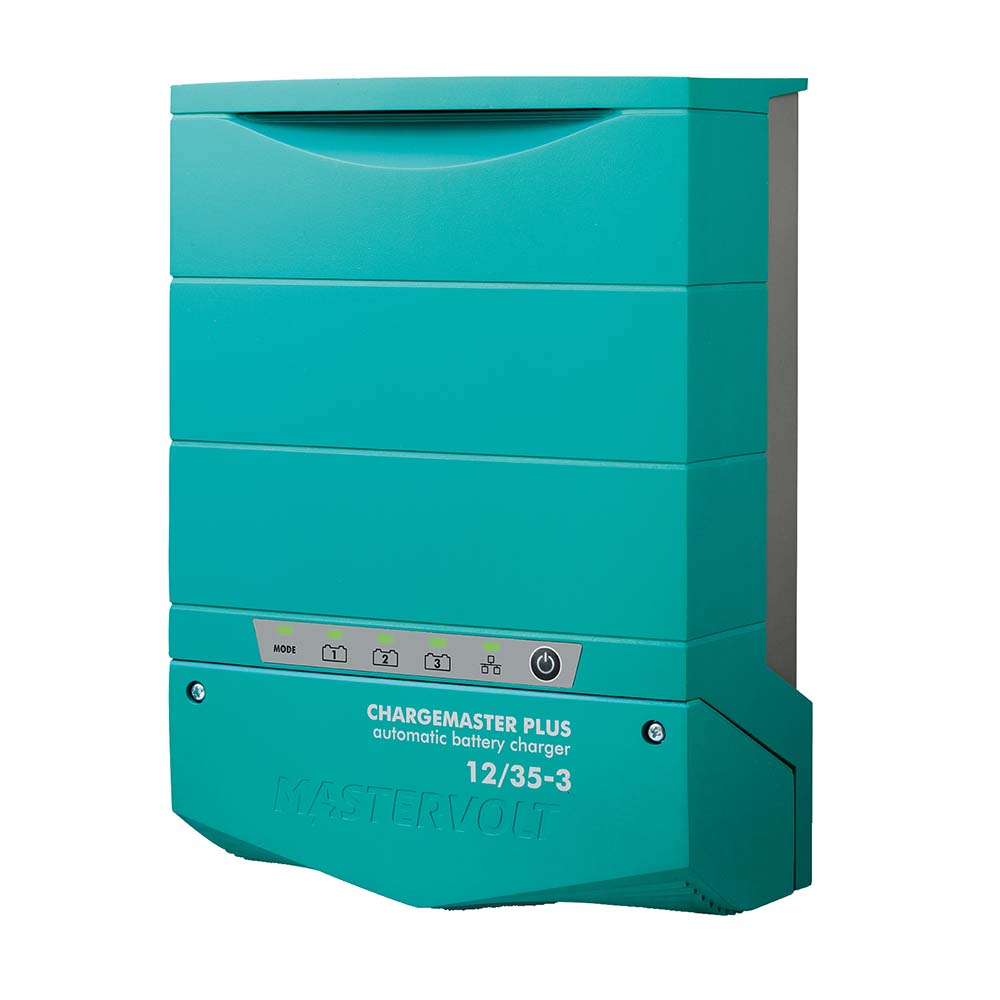 Mastervolt ChargeMaster Plus 12/35-3 battery charger showing digital display and connection ports on a sturdy metal case.