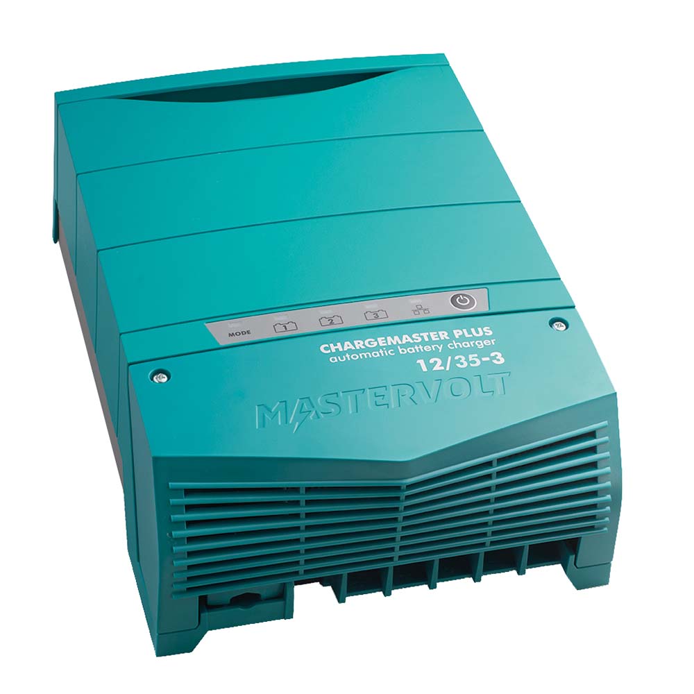 Mastervolt ChargeMaster Plus 12/35-3 battery charger showing digital display and connection ports for automotive or marine batteries.