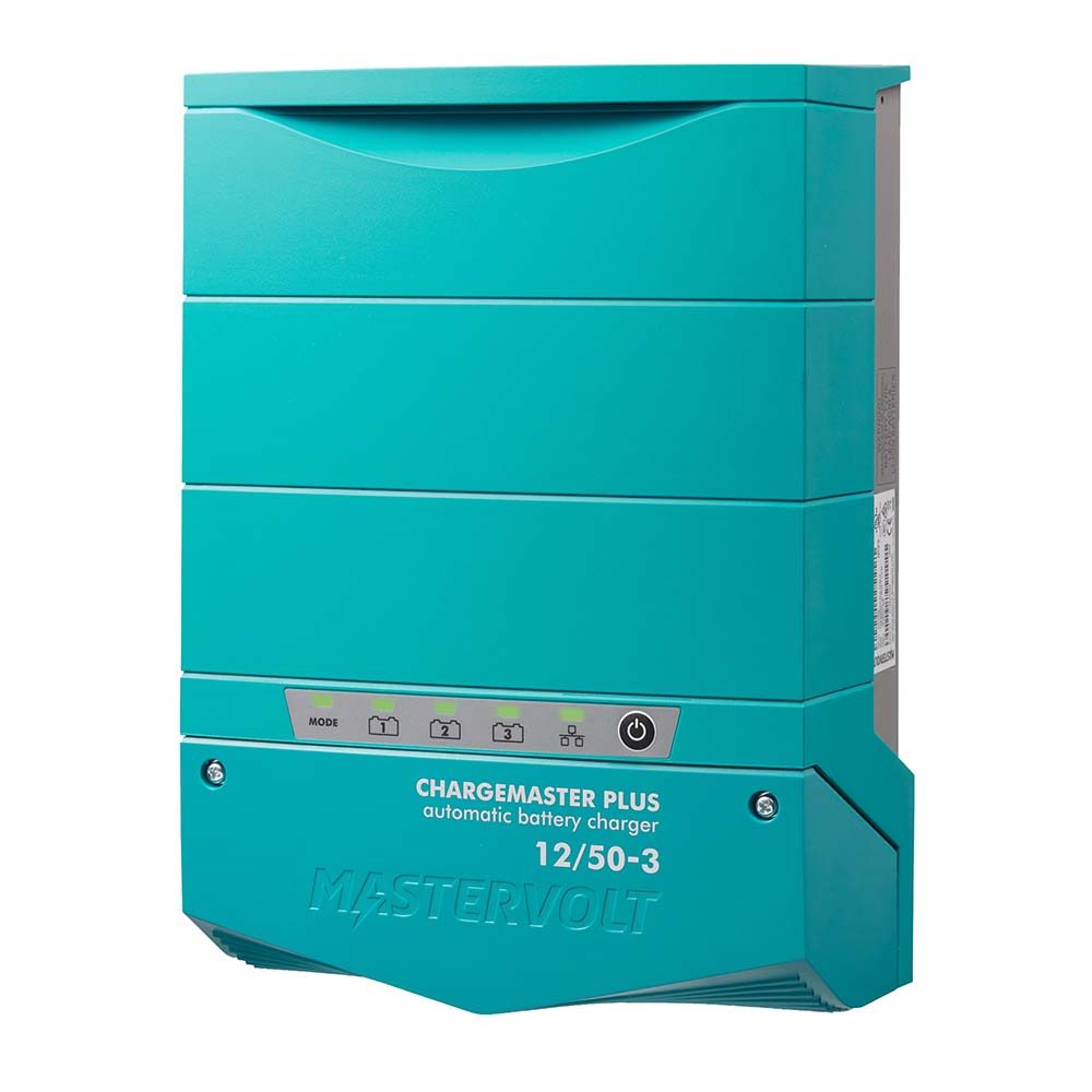 Mastervolt ChargeMaster Plus 12/50-3 battery charger showing digital display and connection ports for marine or RV batteries.