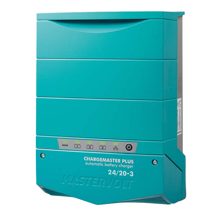 Mastervolt ChargeMaster Plus 24/20-3 battery charger with three banks, compact design, and durable construction for reliable charging.