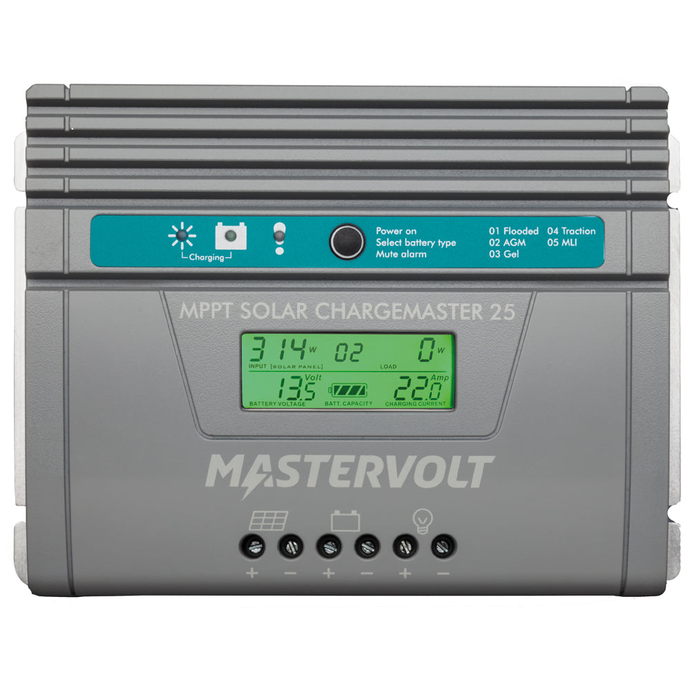 Mastervolt SCM25 MPPT Solar ChargeMaster battery charger with digital display and solar compatibility for efficient energy management.
