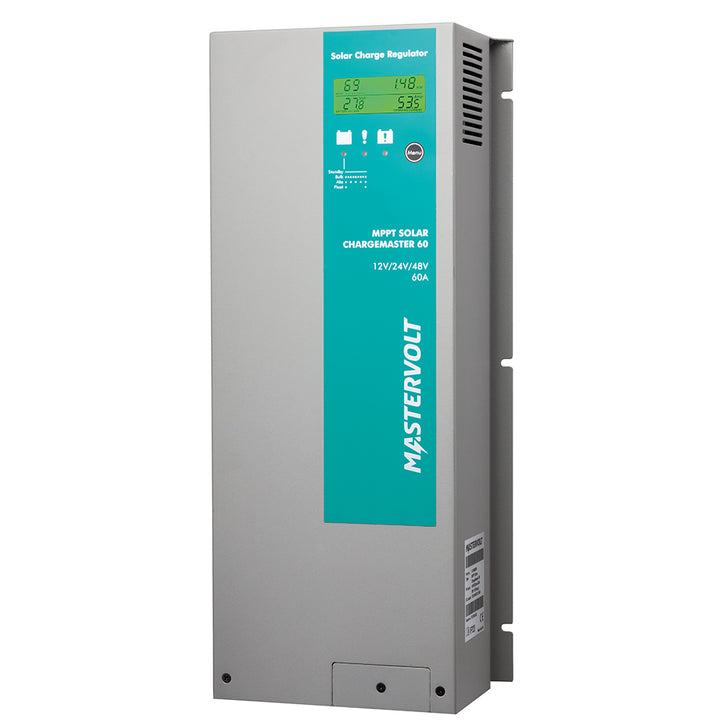 Mastervolt SCM60 MPPT-MB Controller for battery charging, showing digital display and connection ports on a compact charger unit.