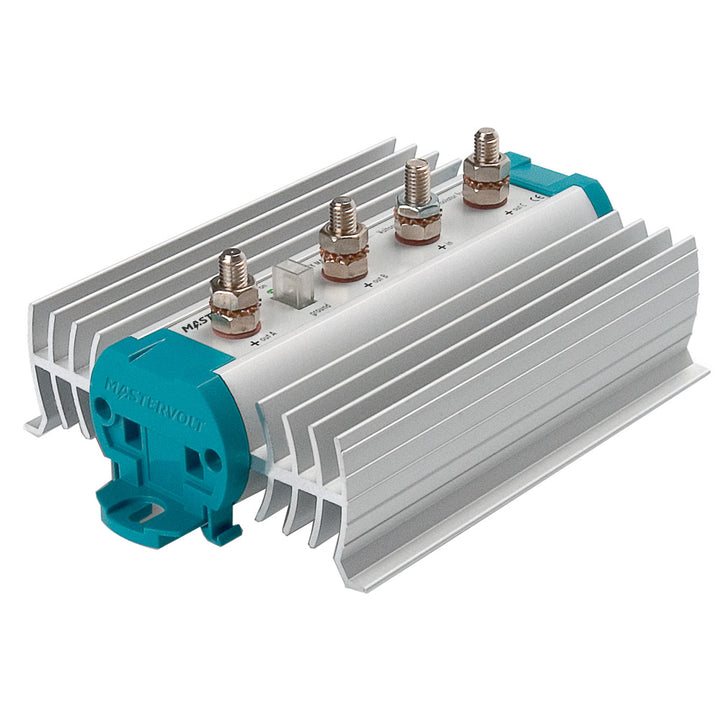 Mastervolt Battery Mate 1602 IG isolator for 120 amp, 2-bank battery management system, shown in a marine or automotive setup.