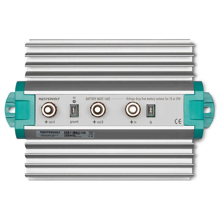 Mastervolt Battery Mate 1602 IG isolator showing 120 Amp, 2-bank battery isolator with digital display and control buttons.