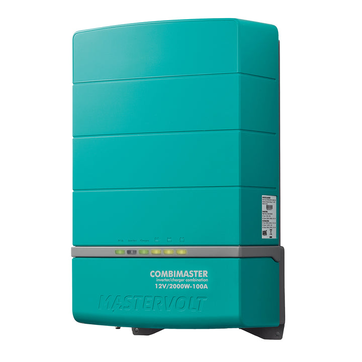 Mastervolt CombiMaster 12V charger and inverter combo with 2000W power and 100A output, shown in a technical setup.