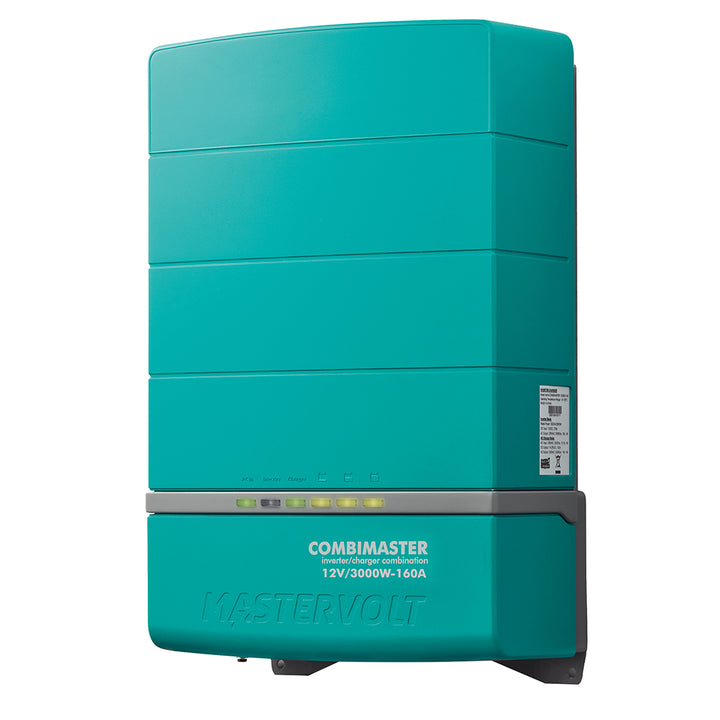 Mastervolt CombiMaster 12V 3000W charger and inverter combo with 160A output, shown with digital display and connection ports.