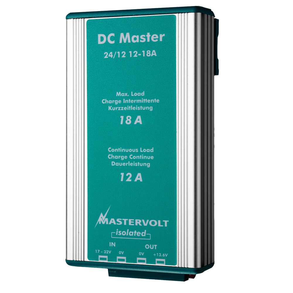 Mastervolt DC Master 24V to 12V converter showing a compact DC to DC converter device with input and output terminals.