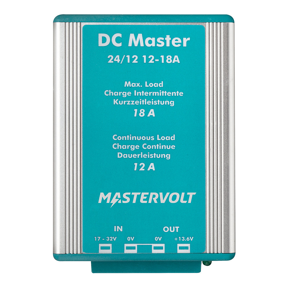 Mastervolt DC Master 24V to 12V converter showing the compact black DC to DC converter with connection ports.