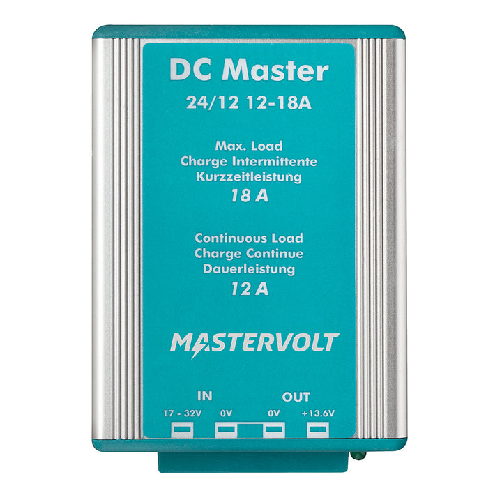 Mastervolt DC Master 24V to 12V converter showing the compact black DC to DC converter with connection ports.