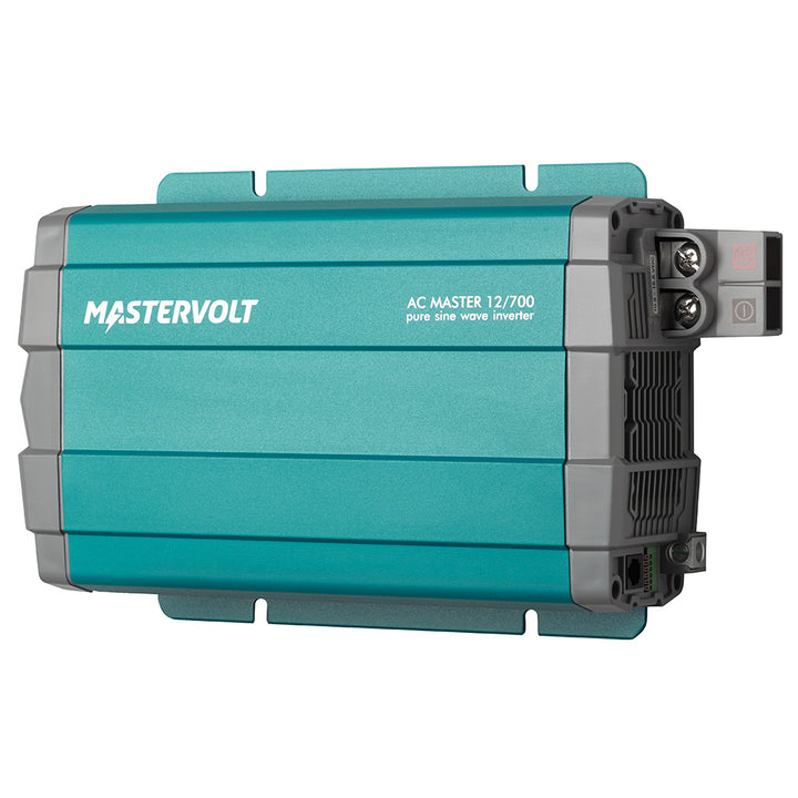 Mastervolt AC Master 12/700 inverter displaying digital controls and connection ports for 120V power conversion.