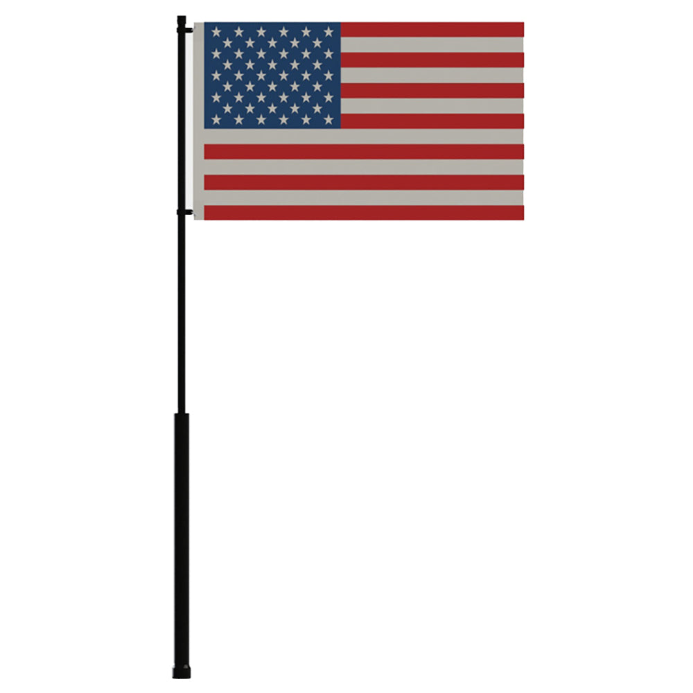 Mate Series 72-inch flag pole with USA flag, fishing accessories, durable outdoor gear for fishing trips.
