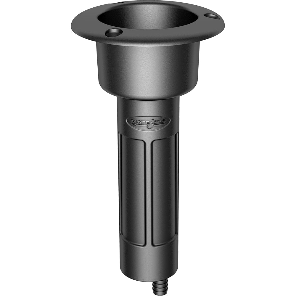 Black Mate Series Plastic 0 Rod Cup Holder with drain and round top, designed for rod holder mounting on boats.