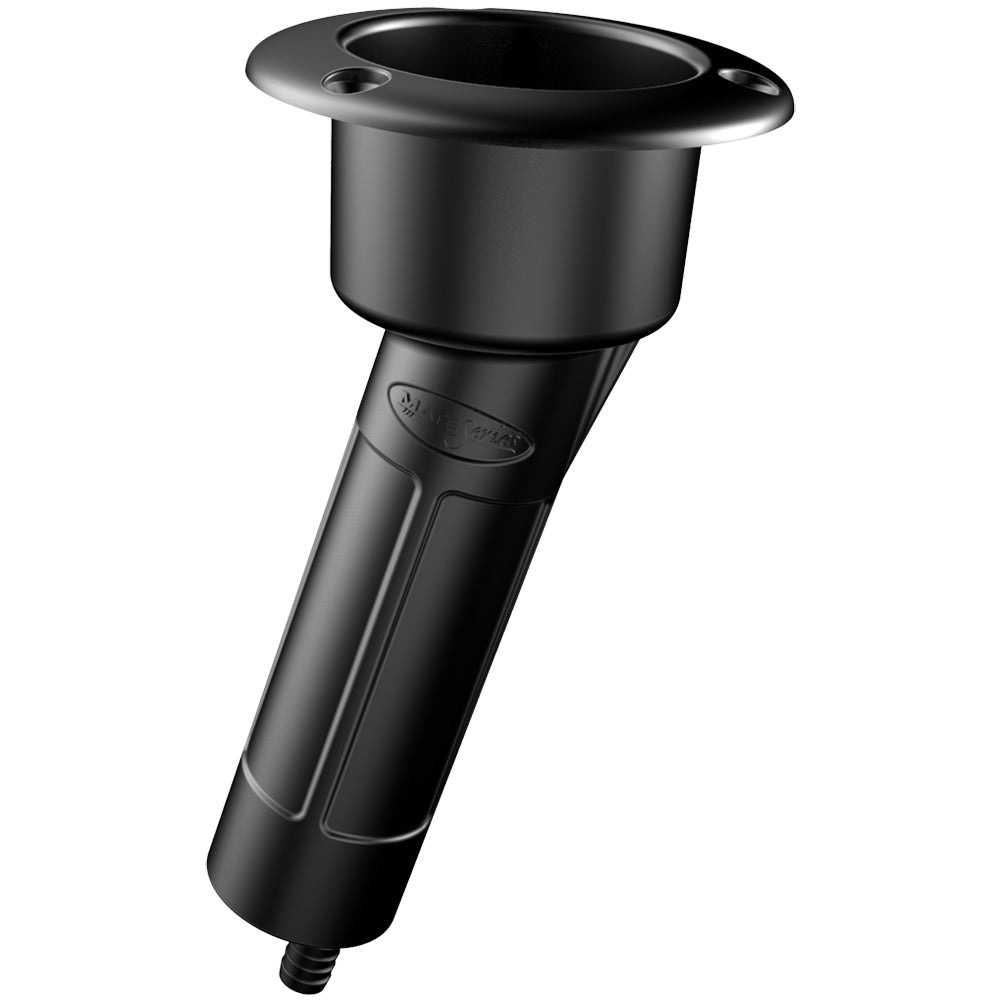 Black Mate Series plastic 15-rod cup holder with drain and round top, designed for fishing rod storage.