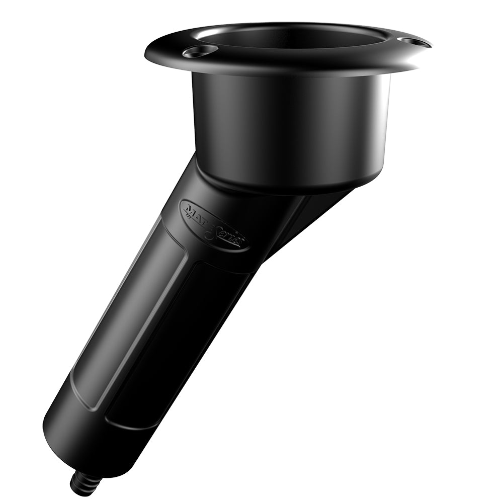 Black Mate Series plastic 30-rod cup holder with drain and round top, designed for rod storage on boats.