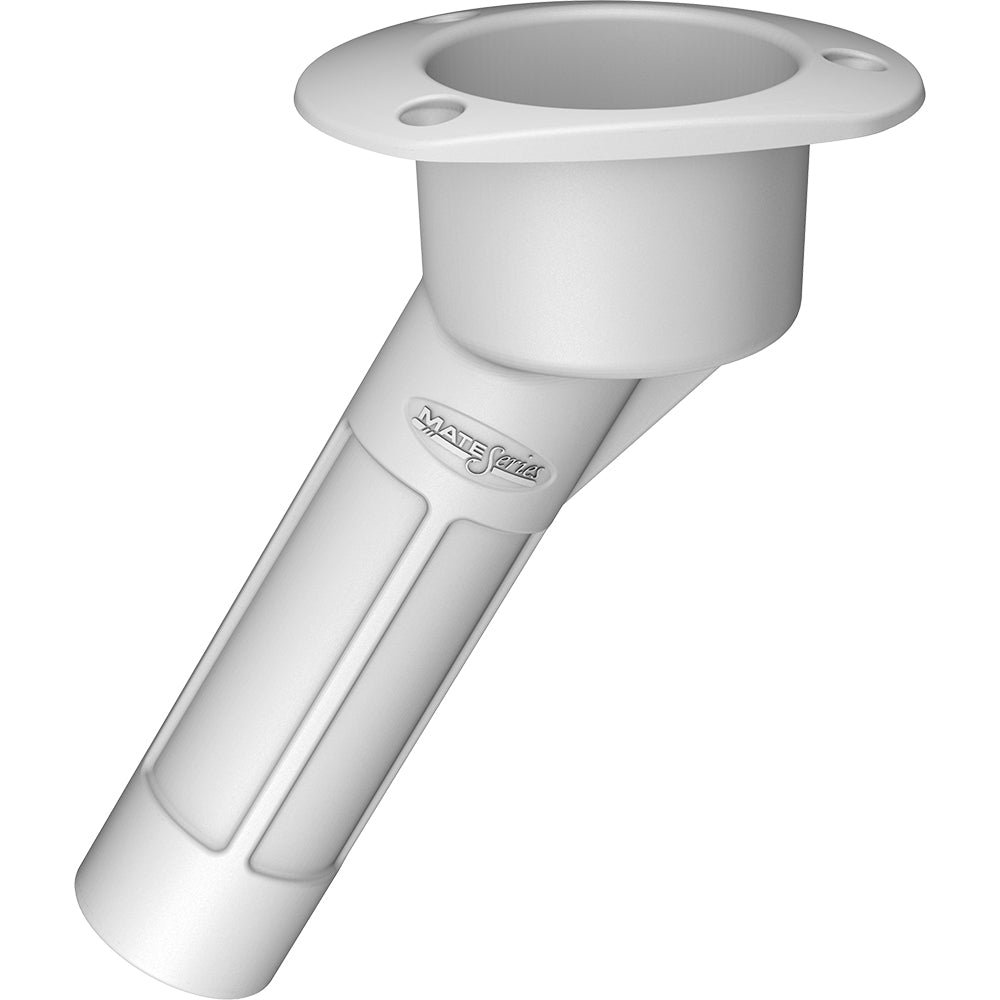 Open white Mate Series plastic 30-rod cup holder with oval top, designed for marine or boat use.