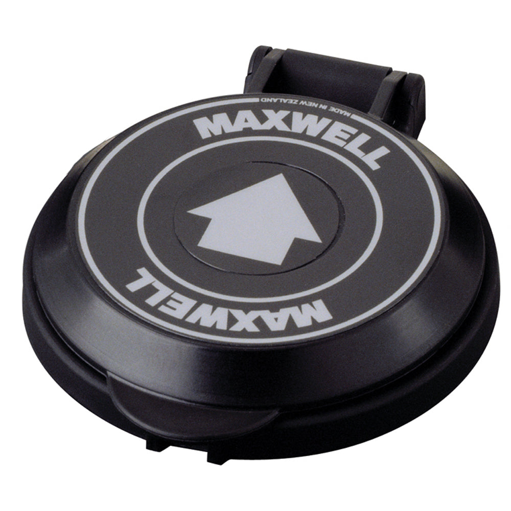 Black Maxwell P19006 covered footswitch for windlass accessories, shown with cord and switch cover in close-up.