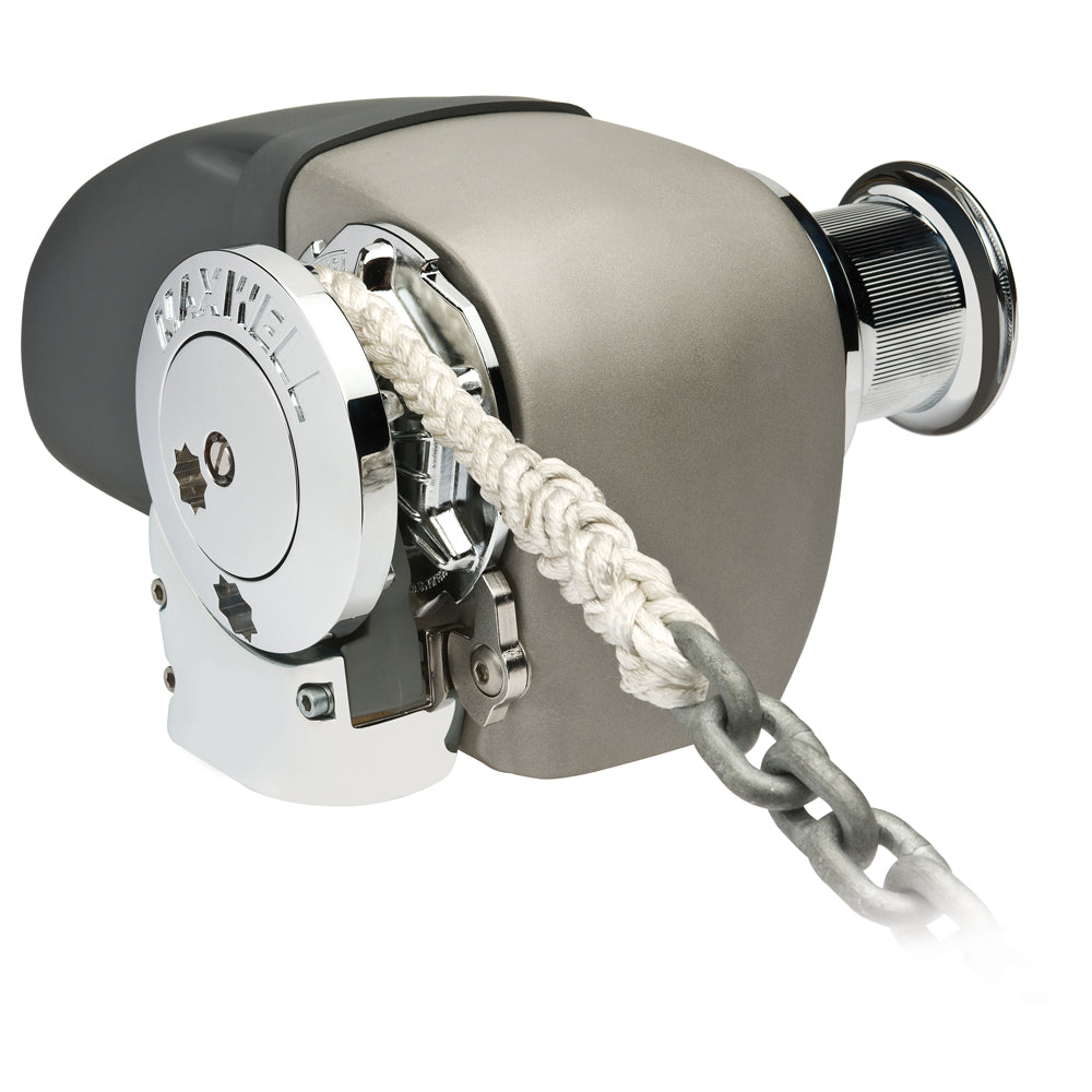 Maxwell HRC 10-8 Rope Chain Horizontal Windlass with 5/16" chain, 5/8" rope, 12V power, and capstan for marine anchoring.