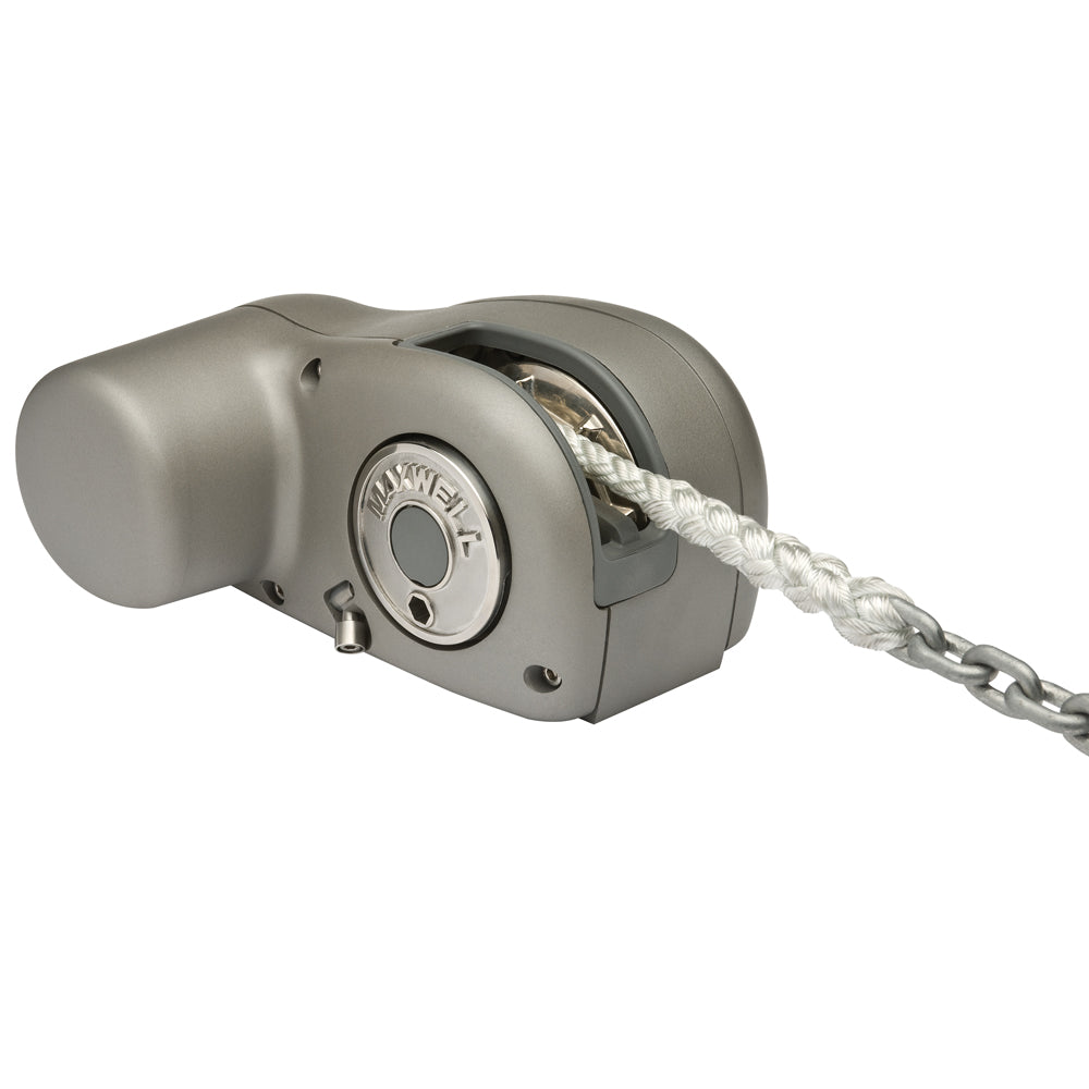 Maxwell HRC8 12V horizontal freefall windlass with 5/16" chain and 9/16" minimum rope for marine anchoring.