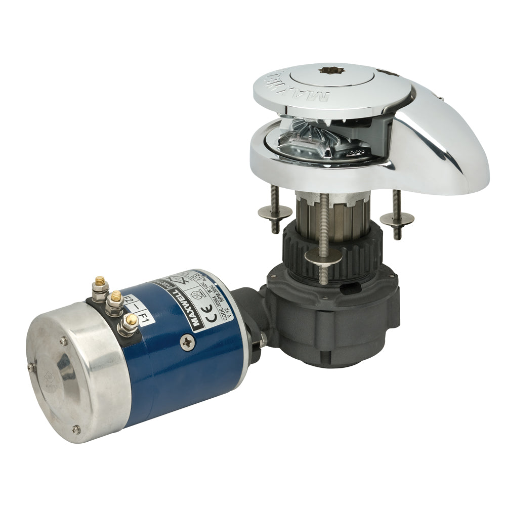 Maxwell RC 8-6 vertical windlass with 1/4" chain and 1/2" rope, powered by 12V, designed for boat anchor handling.