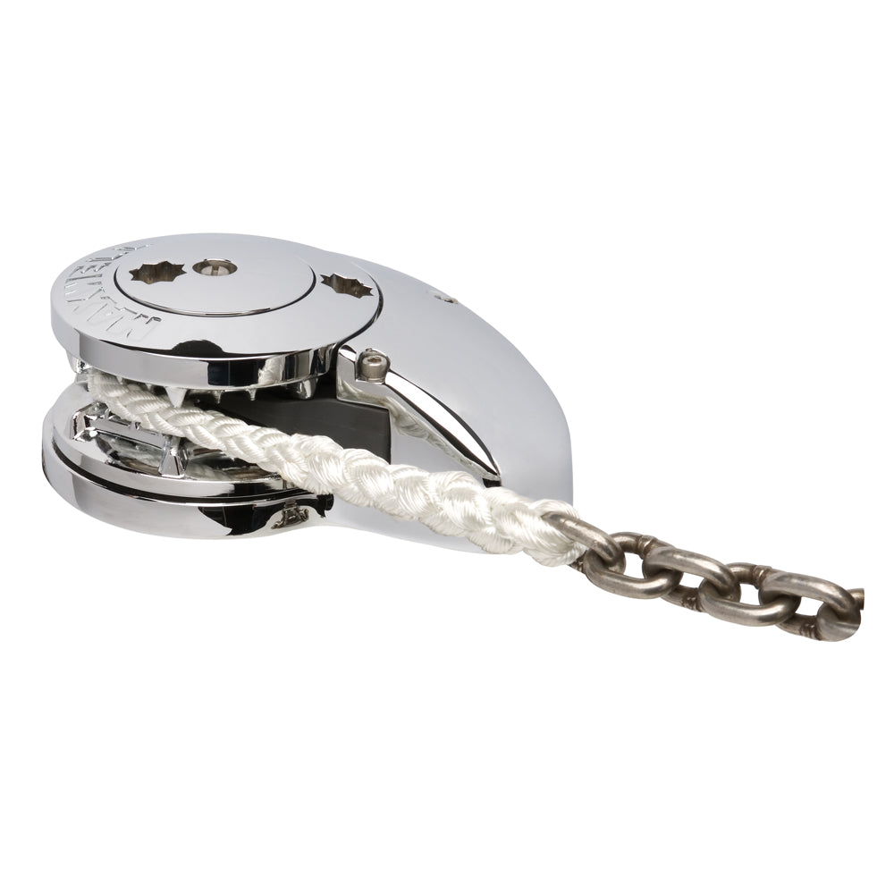 Maxwell RC10/10 12V automatic rope chain windlass with 3/8" chain and 5/8" rope, designed for marine anchor handling.