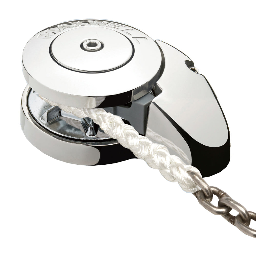 Maxwell RC6 12V windlass with 500W motor, chain-to-rope conversion, mounted on boat deck for anchoring or mooring.