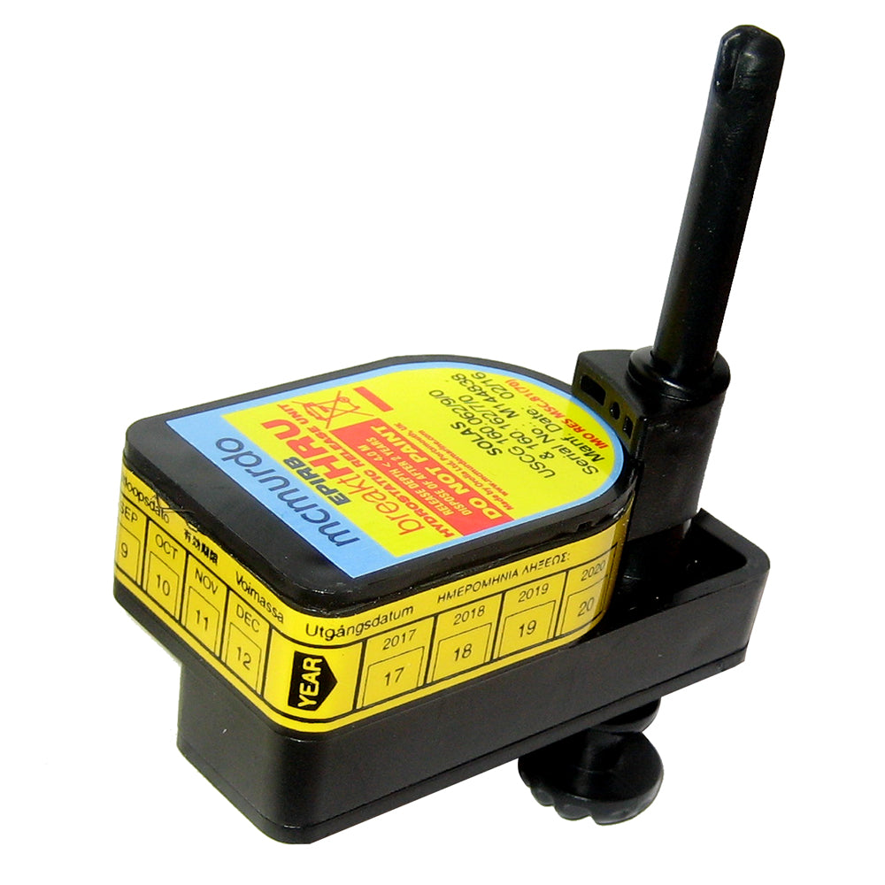 McMurdo Hydrostatic Release Unit for EPIRBs, showing compact marine safety device with labeling and connection points.