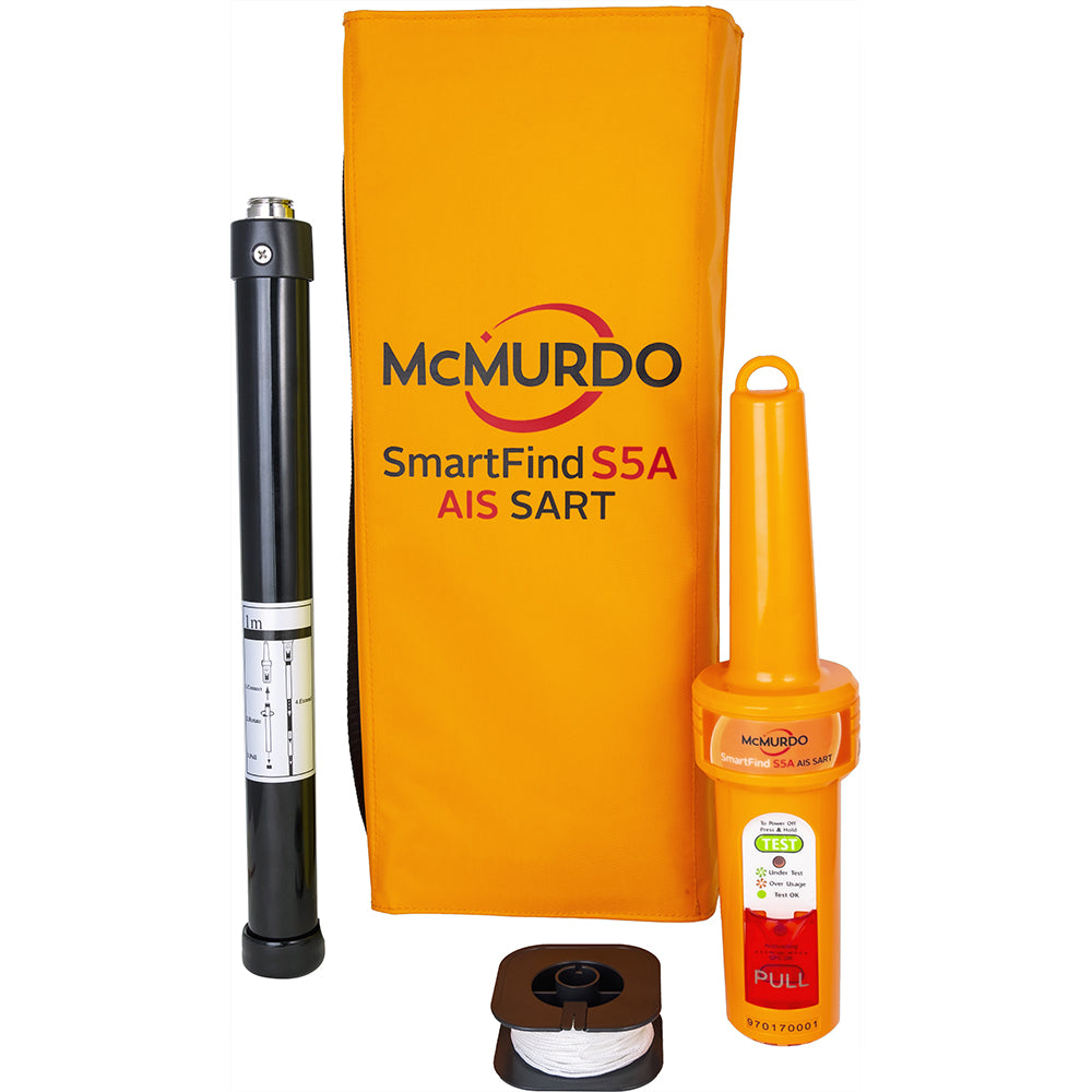 McMurdo SmartFind S5A AIS SART personal locator beacon with display and antenna for maritime emergency rescue.