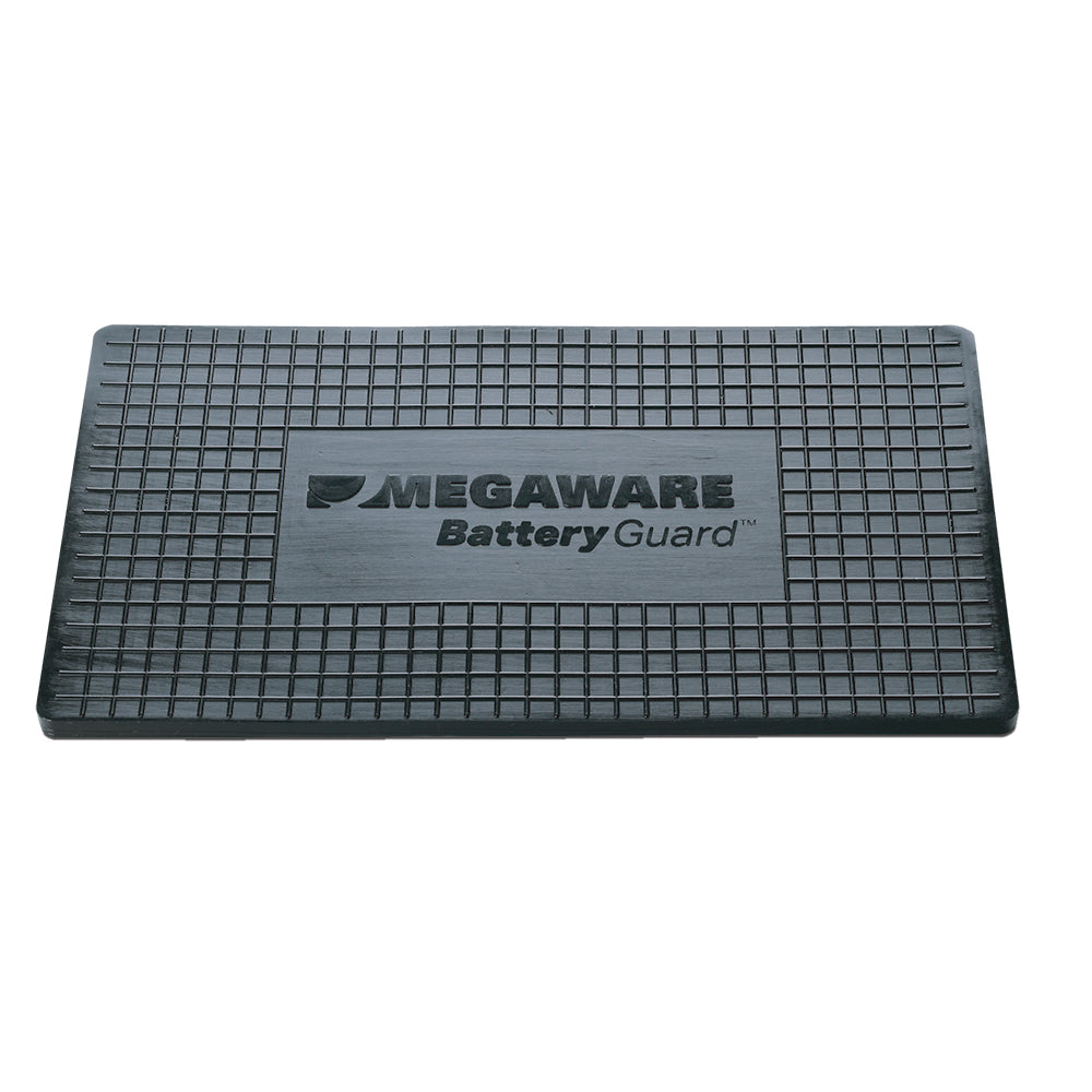 Megaware BatteryGuard accessory for vehicle batteries, shown in black plastic with mounting hardware.