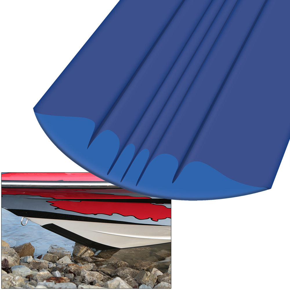 Blue Megaware KeelGuard hull protection strip on boat keel for added durability and protection against underwater damage.