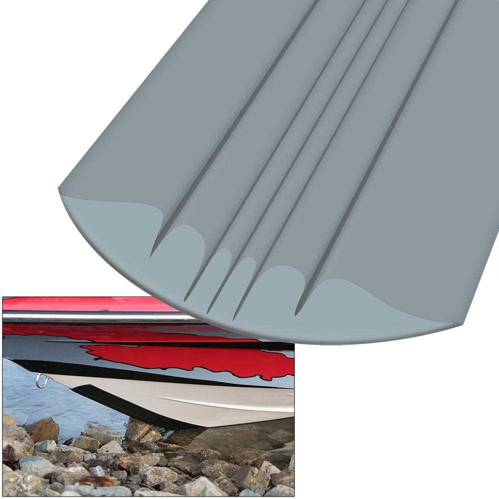 Gray Megaware KeelGuard hull protection strip installed on boat keel for durable, abrasive-resistant boat hull protection.