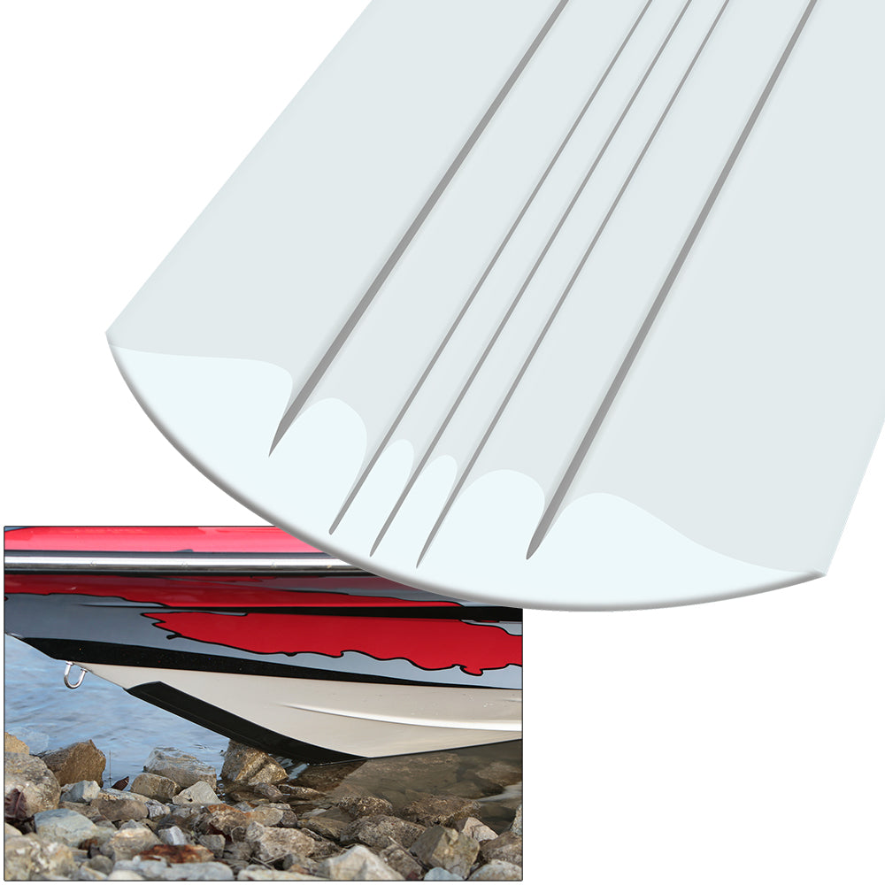 White Megaware KeelGuard hull protection strip installed on boat keel for durable, corrosion-resistant hull shielding.