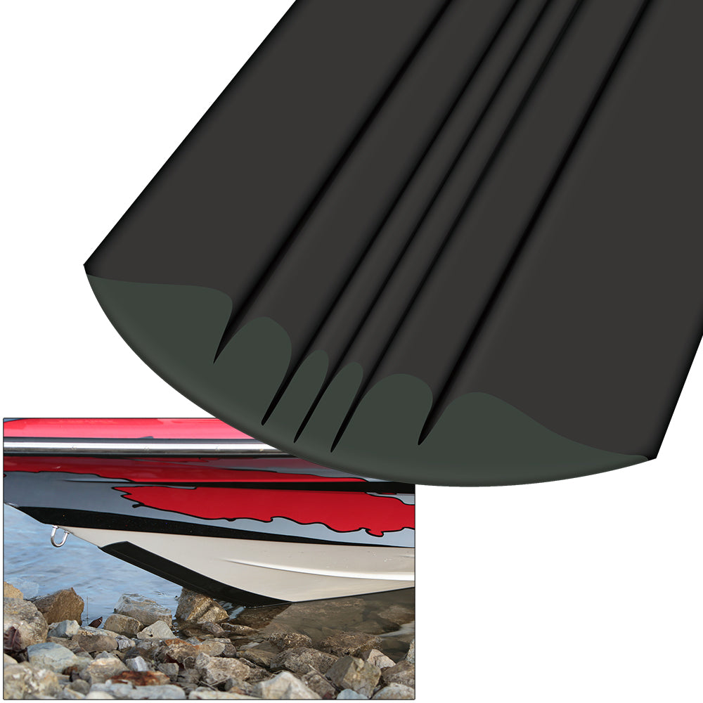 Megaware KeelGuard 5-inch black hull protection strip on boat hull for added durability and protection.