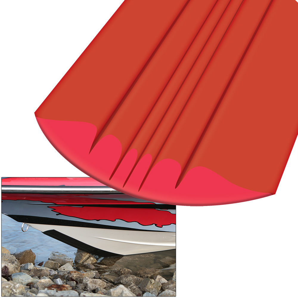 Red Megaware KeelGuard hull protection strip installed on boat hull, designed to prevent damage and improve durability.