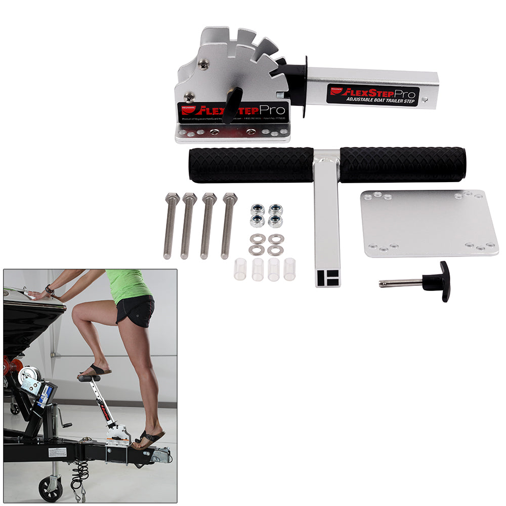 Megaware FlexStep Pro aluminum rollers and brackets for boat trailer, sturdy and durable marine trailer accessories.