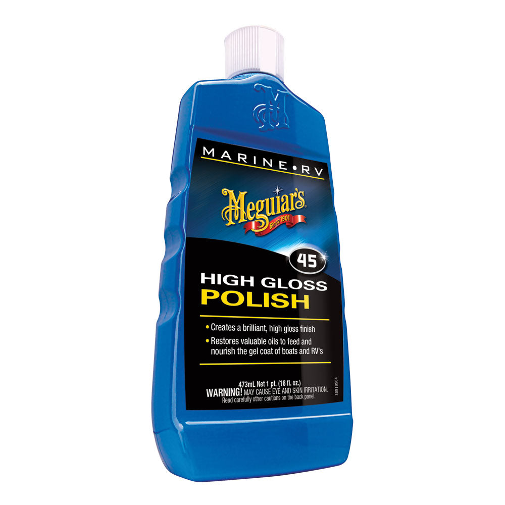 Meguiar's #45 Boat and RV Polish and Gloss Enhancer in a 16oz bottle, designed for cleaning and shining marine and RV surfaces.