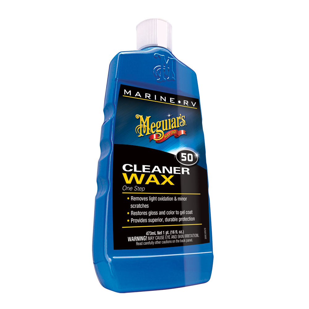 Meguiar's #50 Boat and RV Cleaner Wax in a 16oz liquid bottle, ideal for cleaning and polishing boats and RV surfaces.