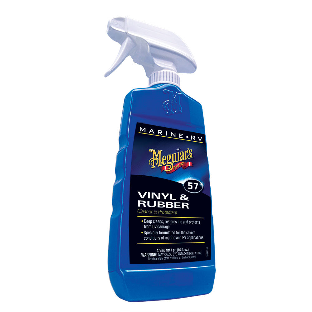 Meguiar's #57 Vinyl and Rubber Cleaner and Conditioner bottle, 16oz, with a clear liquid inside and product label visible.