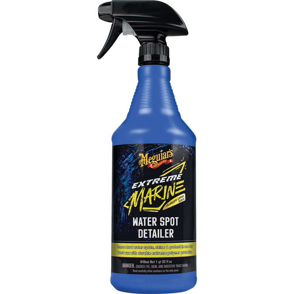 Meguiar's Extreme Marine Water Spot Detailer cleaning marine surface with spray bottle and applied water spots visible.
