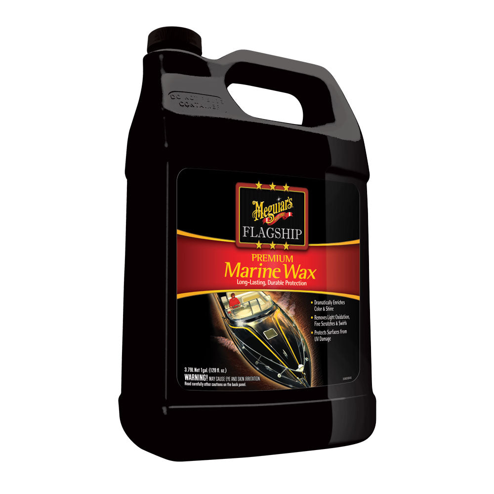 Meguiar's Flagship Premium Marine Wax in a 1-gallon container for cleaning and protecting boat surfaces.