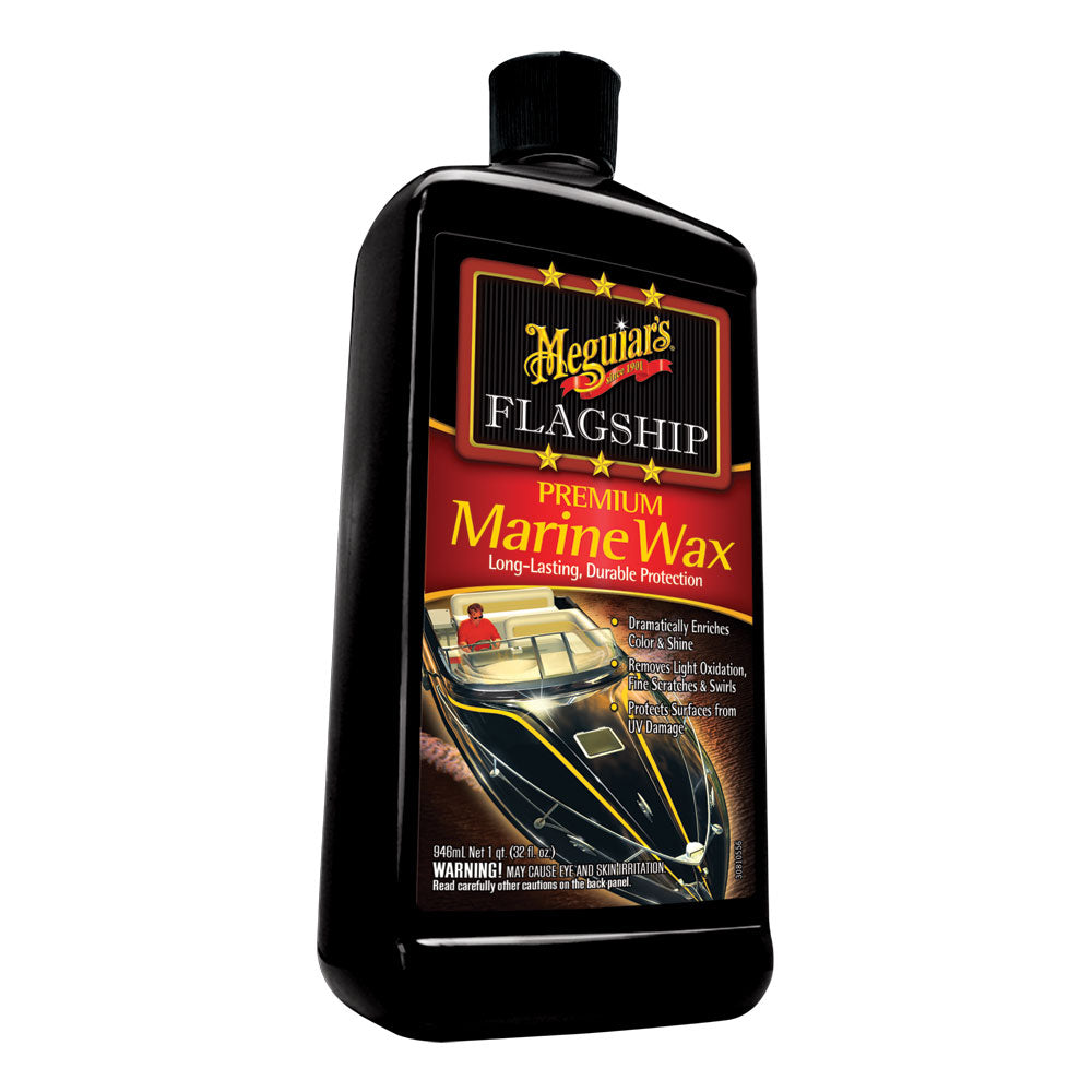 Meguiar's Flagship Premium Marine Wax 32oz jar for cleaning and protecting boat surfaces with high-quality marine wax.