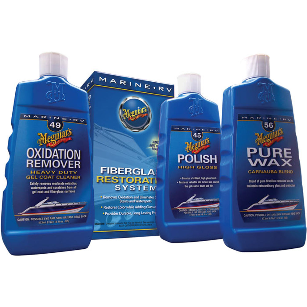 Meguiar's MG Fiberglass Oxidation Removal Kit for cleaning and restoring fiberglass surfaces with polishing tools and products.
