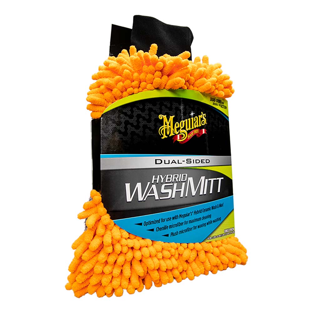 Meguiar's Hybrid Wash Mitt, a plush microfiber cleaning mitt designed for gentle washing and waxing of vehicles.