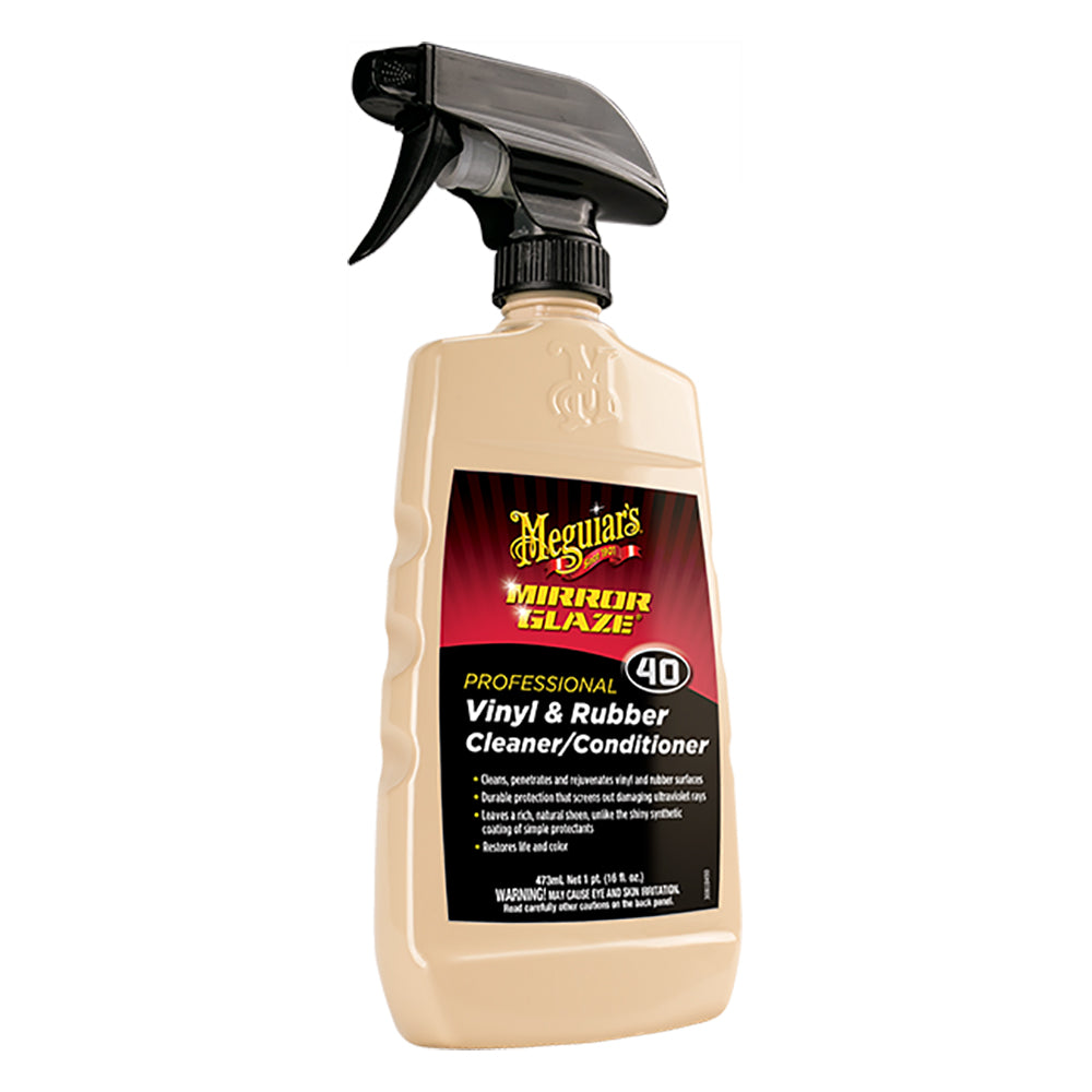 Meguiar's M40 Mirror Glaze Vinyl and Rubber Cleaner and Conditioner in a 16oz bottle showing the product label.