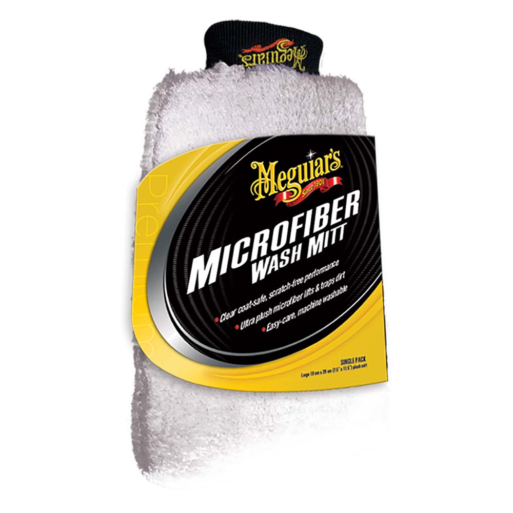 Meguiar's microfiber wash mitt used for car cleaning, featuring soft, absorbent microfiber material for gentle washing.