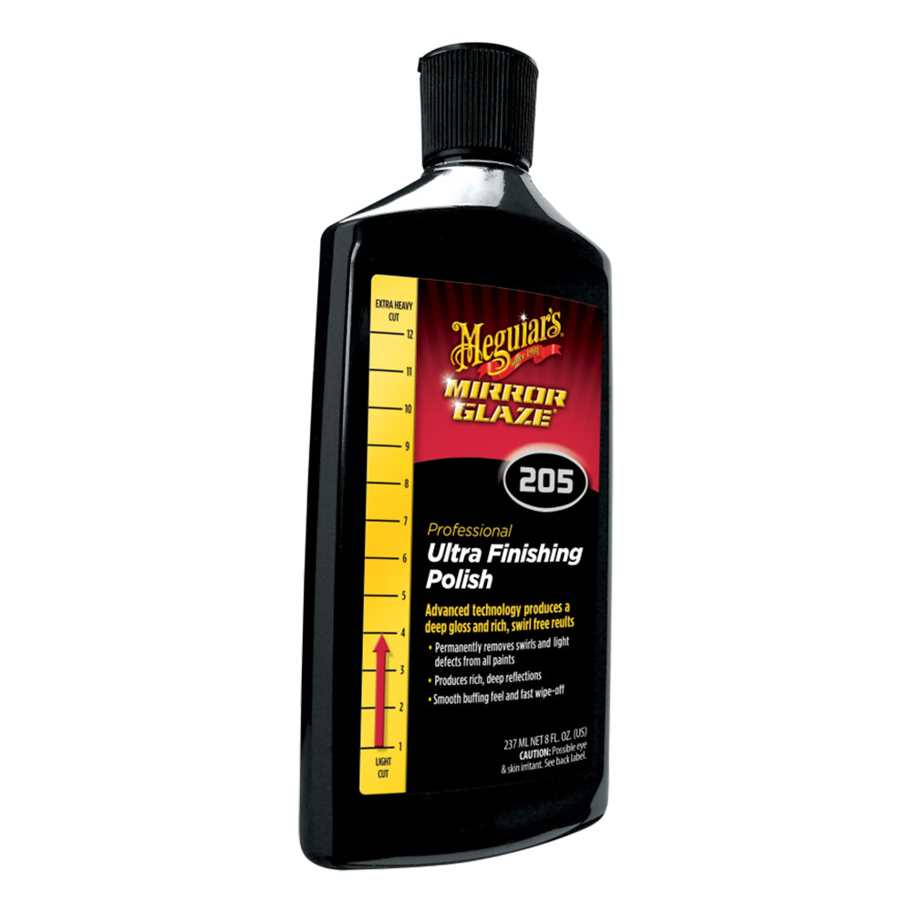 Meguiar's Mirror Glaze Ultra Finishing Liquid Polish 8oz for car cleaning and polishing, shown in a clear bottle.