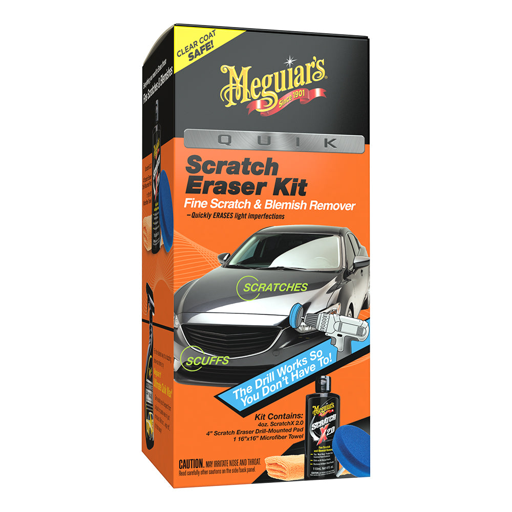 Meguiar's Quik Scratch Eraser Kit for car cleaning, featuring tools to remove minor scratches and restore paint finish.